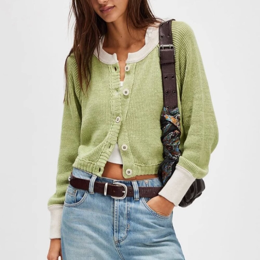 ✨ SALE Free People We The Free Lili Linen Cardi Nile Combe Green Cream Small